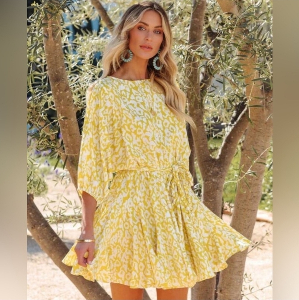 Aakaa Leopard Rope Tie Dress In Yellow